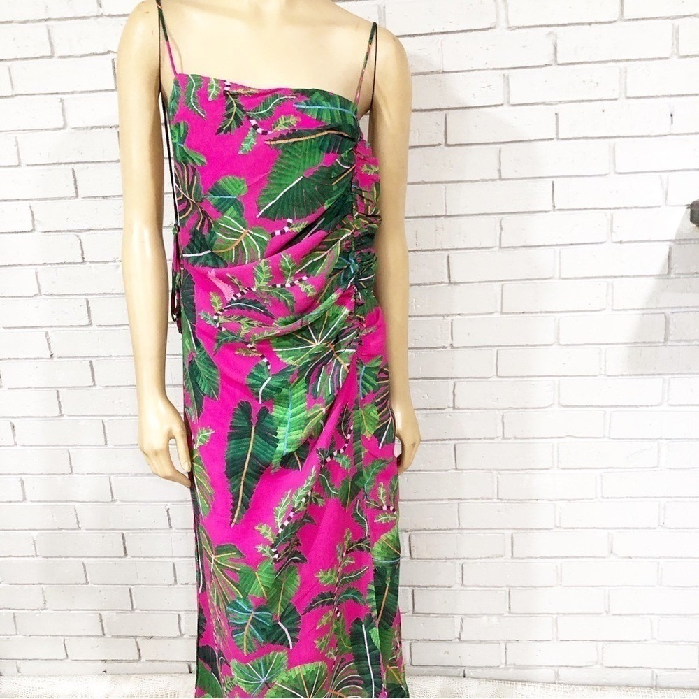 Farm Rio Fuchsia Pink Tropical Leaf Ruched Open Tie Back Midi Dress | Size Large
